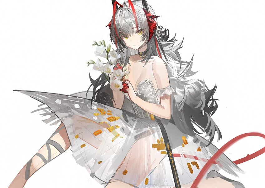 1girl ahoge antenna_hair arknights armband ballerina bare_shoulders breasts choker cleavage closed_mouth demon_horns dress expressionless flower frilled_armband frills grey_hair highres holding holding_flower horns long_hair looking_at_viewer medium_breasts messy_hair parted_bangs plumw red_horns red_streaks see-through_clothes see-through_skirt sidelocks simple_background sitting sketch skirt solo w_(arknights) white_background white_dress white_flower yellow_eyes