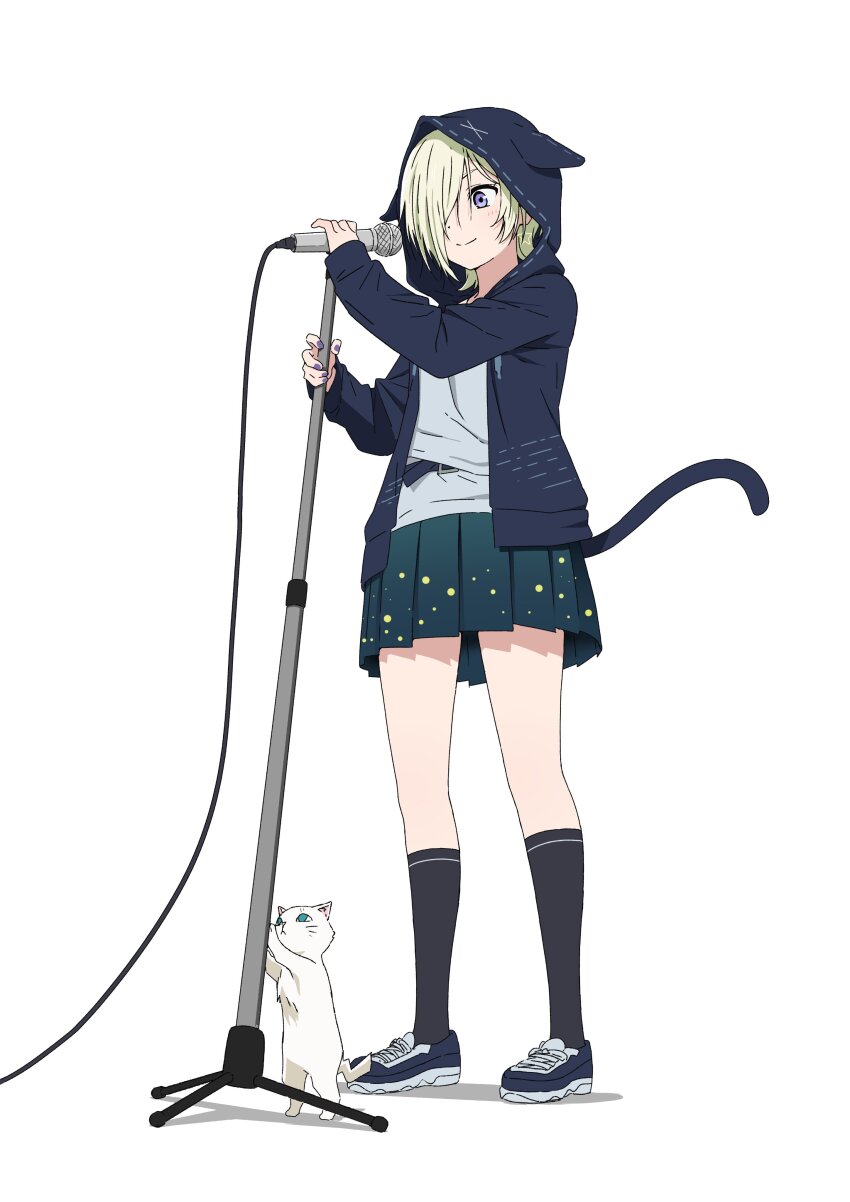 1girl absurdres animal_ear_headwear animal_ears black_jacket black_socks blonde_hair blush cat cat_tail fake_animal_ears full_body hair_over_one_eye hanpen_(love_live!) highres holding holding_microphone_stand hood hooded_jacket jacket long_sleeves love_live! love_live!_nijigasaki_high_school_idol_club mia_taylor microphone_stand one_eye_covered pleated_skirt purple_eyes shoes short_hair skirt smile socks solo standing tail white_background white_cat yokota_takumi