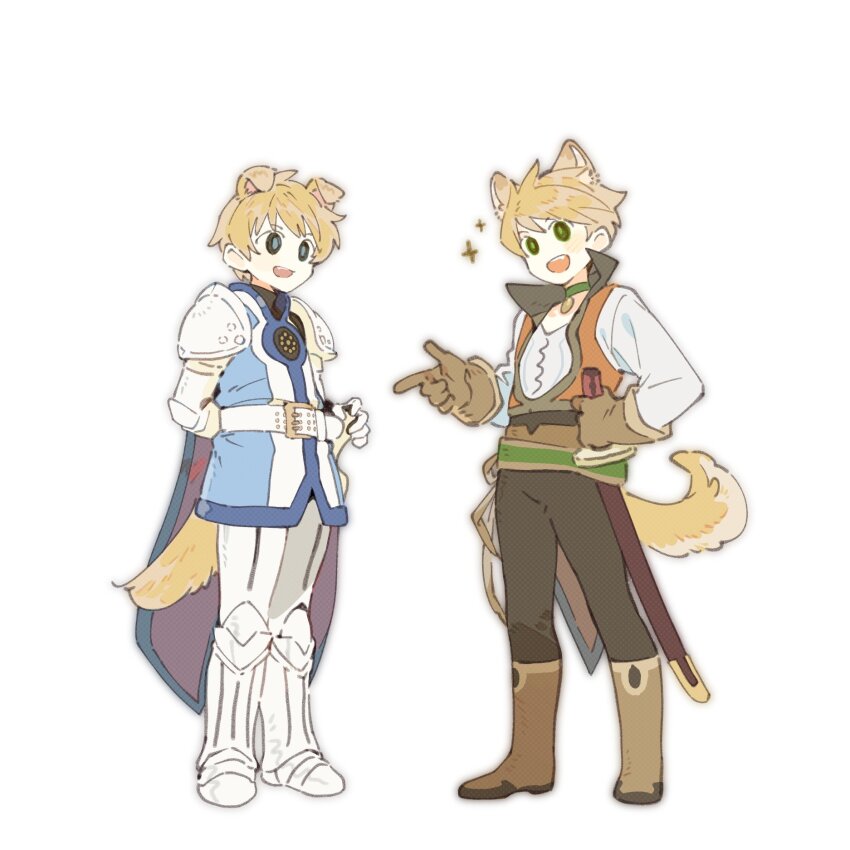 2boys animal_ears arm_armor armor armored_boots belt black_pants blonde_hair blue_eyes boots brown_footwear brown_gloves cat_boy cat_ears cat_tail chibi chibi_only choker dog_boy dog_ears dog_tail flynn_scifo gloves green_choker green_eyes guy_cecil hand_on_own_hip high_collar highres kemonomimi_mode long_sleeves male_focus multiple_boys open_mouth orange_vest pants pointing pointing_at_another sheath sheathed shirt short_hair shoulder_armor simple_background smile sparkle sword tail tales_of_(series) tales_of_the_abyss tales_of_vesperia vest weapon white_background white_belt white_footwear white_shirt xing_20