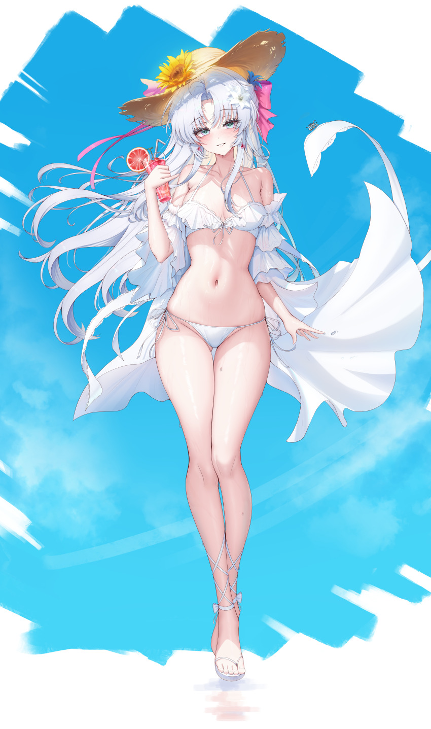 1girl absurdres alternate_costume bare_shoulders bikini blue_sky blush bow breasts carlotta_(wuthering_waves) cherry cup day drinking_glass drinking_straw earrings flower food front-tie_bikini_top front-tie_top fruit full_body groin hair_bow hat hat_flower highres holding holding_cup incredibly_absurdres jewelry juice lilac_(k32420276) long_hair medium_breasts navel orange_(fruit) orange_slice outdoors parted_bangs parted_lips sandals side-tie_bikini_bottom sky smile solo stomach swimsuit thigh_gap toes very_long_hair white_bikini wuthering_waves
