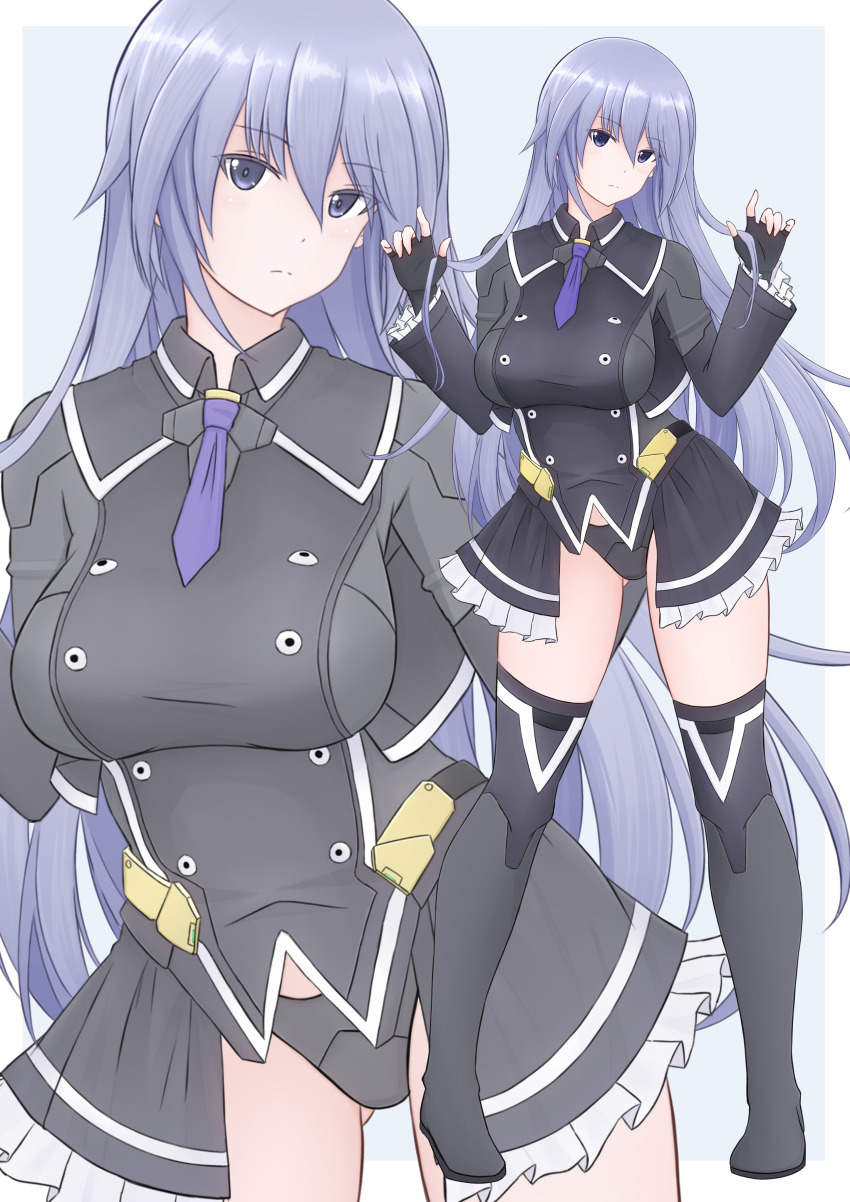 1girl absurdres alice_gear_aegis angelica_glazunova black_gloves black_panties blue_eyes boots breasts fingerless_gloves frills gloves highres large_breasts long_hair looking_at_viewer multiple_views necktie panties purple_eyes showgirl_skirt simple_background skirt standing thigh_boots thighhighs tubamesaapoo underwear very_long_hair