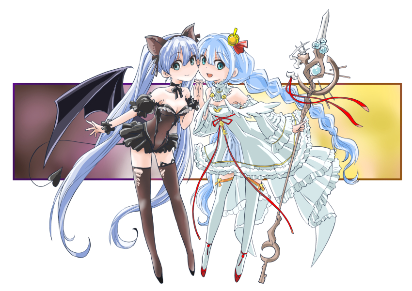2girls aqua_eyes azur_lane bare_shoulders black_leotard black_thighhighs blue_hair braid breasts cleavage closed_mouth covered_navel crown demon_tail demon_wings detached_sleeves dress frilled_dress frilled_leotard frills halloween_costume heart heart_tail highres holding holding_hands holding_staff janus_(azur_lane) janus_(fright-night_scaredy-cat)_(azur_lane) leotard long_hair low_twin_braids mini_crown multiple_girls official_alternate_costume open_mouth small_breasts staff taiga_hiroyuki tail thighhighs tilted_headwear torn_clothes torn_thighhighs twin_braids twintails very_long_hair white_dress white_thighhighs wings