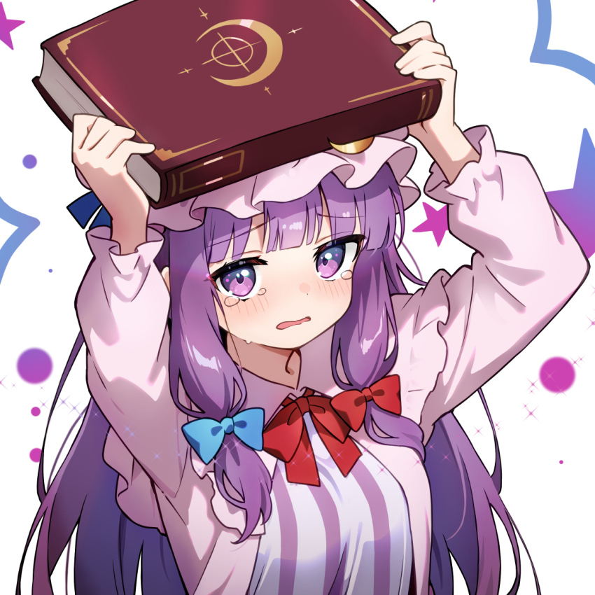 1girl :o arms_up blue_bow blunt_bangs blush book bow bowtie chikuzen1996 circle commentary_request dress hair_bow hat highres holding holding_book long_hair looking_at_viewer mob_cap patchouli_knowledge pink_robe pinstripe_pattern purple_dress purple_eyes purple_hair red_bow red_bowtie robe sidelocks solo star_(symbol) straight_hair tearing_up tears touhou upper_body very_long_hair