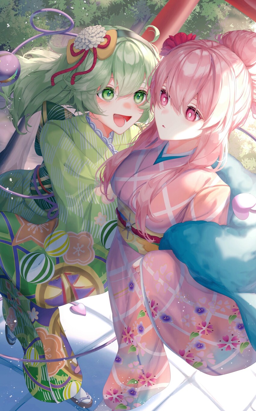 2girls absurdres alternate_costume batory_ken blush breasts commentary dutch_angle eye_contact floral_print floral_print_kimono flower from_above green_eyes green_hair green_kimono hair_bun hair_flower hair_ornament hairband hata_no_kokoro heart highres japanese_clothes kanzashi kimono komeiji_koishi lace lace-trimmed_kimono lace_trim light_particles long_hair long_sleeves looking_at_another lower_teeth_only multiple_girls obi obijime okobo open_mouth outdoors parted_lips pink_eyes pink_hair pink_kimono platform_sandals print_kimono red_flower sandals sash sidelocks single_hair_bun smile socks standing teeth third_eye torii touhou white_flower white_socks wide_sleeves yukata