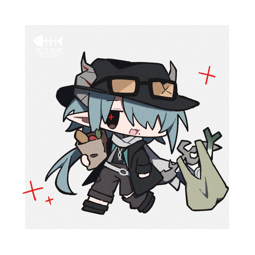 1boy arknights bag black_hat black_jacket broken_eyewear chibi cross-shaped_pupils food grey_scarf groceries grocery_bag hair_over_one_eye hat highres holding holding_food holding_with_tail horns horns_through_headwear jacket long_hair looking_at_viewer male_focus mitm_(arknights) mole mole_under_mouth open_mouth pointy_ears prehensile_tail rasarasu red_pupils scarf shopping_bag symbol-shaped_pupils tail tinted_eyewear yellow-tinted_eyewear