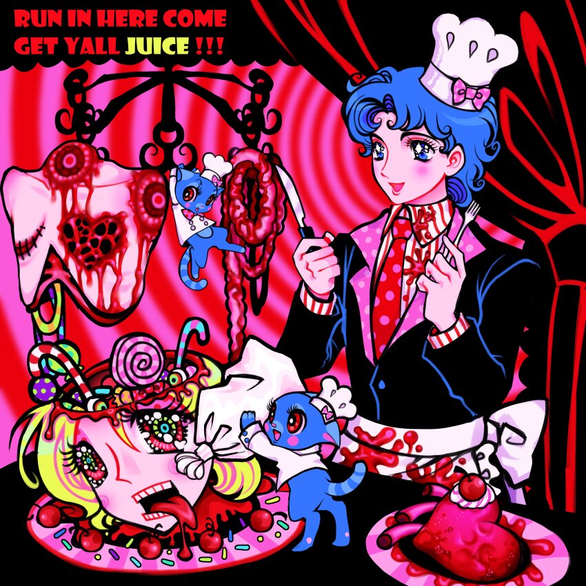 2boys absurdres blood blue_hair blush cannibalism cat chef_hat corpse decapitation dio_brando formal_clothes guro hat heart highres intestines jojo_no_kimyou_na_bouken jonathan_joestar kasanemichael male_focus multiple_boys necktie phantom_blood smile suit tongue tongue_out
