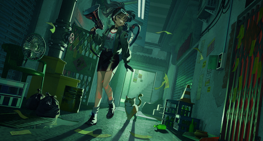 1girl 3d_glasses :d an-an_lee backlighting bag black_collar black_footwear black_gloves black_hair black_skirt bottle calico cat chinese_commentary clothes_writing collar commentary_request dao_fu dutch_angle electric_fan eyewear_on_head fingerless_gloves foot_up full_body gloves good_fortune_symbol green_jacket green_theme hallway highres holding holding_megaphone incense_burner indoors industrial_pipe jacket looking_to_the_side medium_hair megaphone miniskirt ofuda open_door open_mouth pencil_skirt plastic_bag reverse:1999 shanshu_sanshu shirt skirt smile socks solo stairs teeth traffic_cone turning_head upper_teeth_only walking white_shirt white_socks yellow_eyes yin_yang