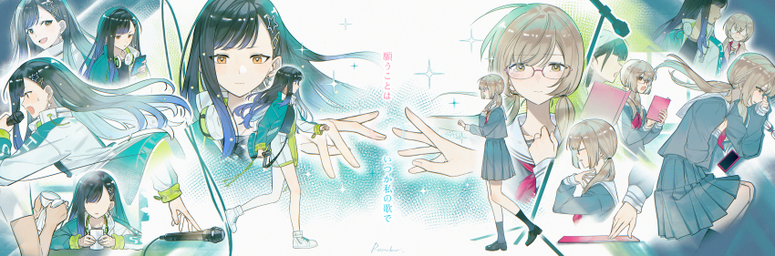 2girls absurdres azusawa_kohane bespectacled black_hair black_socks blue_hair braid brown_eyes brown_hair cellphone closed_mouth collage collared_shirt earbuds earphones glasses gradient_hair green_skirt grey_serafuku grey_shirt grey_skirt hair_ornament hairclip highres holding holding_microphone holding_phone jacket jingzhaowhale kamiyama_high_school_uniform_(project_sekai) kneehighs loafers long_hair long_sleeves looking_at_another low_twintails microphone miyamasuzaka_girls&#039;_academy_school_uniform multicolored_hair multiple_girls multiple_views music neckerchief open_clothes open_jacket open_mouth phone pleated_skirt profile project_sekai red-framed_eyewear red_neckerchief sailor_collar school_uniform serafuku shiraishi_an shirt shoes short_twintails shorts singing skirt smile socks sparkle star_(symbol) star_hair_ornament twintails white_sailor_collar white_shirt
