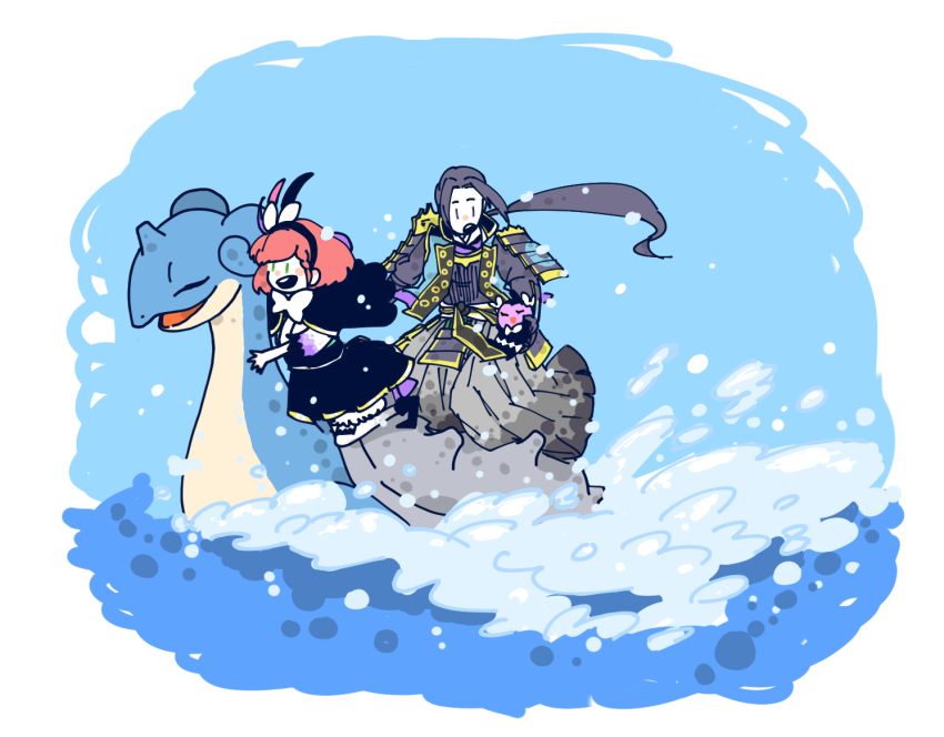akechi_mitsuhide_(sengoku_musou) armor black_hair black_skirt bow bowtie cape gen_1_pokemon gen_5_pokemon gold_trim gothita green_eyes hakama holding holding_pokemon hosokawa_gracia japanese_clothes kimono lapras long_hair nintendo open_mouth pleated_skirt pokemon pokemon_(creature) pokemon_conquest ponytail red_hair riding riding_pokemon sengoku_musou skirt smile splashing water wet wet_clothes