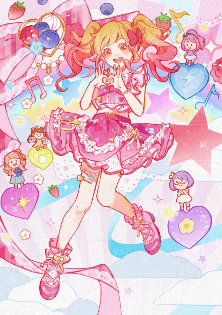 5girls :3 :d aikatsu!_(series) aikatsu_stars! bare_arms blonde_hair blueberry blush bow chibi closed_eyes copyright_notice cropped_shirt food frilled_shirt frills fruit gradient_hair hair_bow highres idol idol_clothes kasumi_mahiru legs_apart long_hair looking_at_another looking_at_viewer midriff miniskirt multicolored_hair multiple_girls musical_note nanakura_koharu nicole_(nicole81605231) nijino_yume open_mouth orange_eyes pink_bow pink_hair pink_shirt pink_shoes pink_skirt purple_hair sakuraba_rola saotome_ako semi-rimless_eyewear shirt shoes skirt smile solo_focus standing strawberry teeth twintails under-rim_eyewear upper_teeth_only watermark