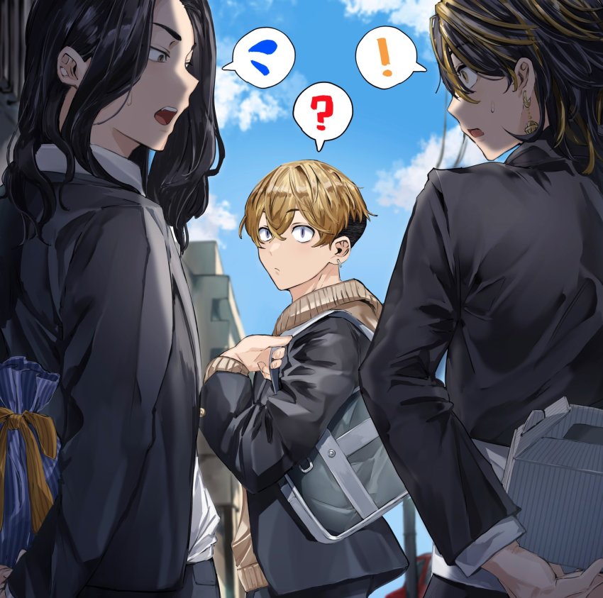 ! 3boys ? bag baji_keisuke bell black_eyes black_hair black_jacket blonde_hair blue_eyes box brown_hoodie cowboy_shot day earrings hair_between_eyes hanemiya_kazutora highres holding holding_bag holding_box hood hood_down hoodie jacket jewelry long_hair long_sleeves male_focus matsuno_chifuyu multicolored_hair multiple_boys naka_(58hrprtr) open_mouth outdoors single_earring speech_bubble standing sweatdrop tokyo_revengers two-tone_hair undercut yellow_eyes