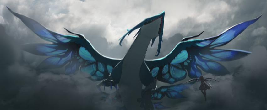 1girl absurdres blonde_hair cloud cloudy_sky day de4d_fish dragon dress dvalin_(genshin_impact) facing_another flying from_behind full_body genshin_impact highres lumine_(genshin_impact) outdoors outstretched_arms short_hair sky solo very_wide_shot white_dress wings