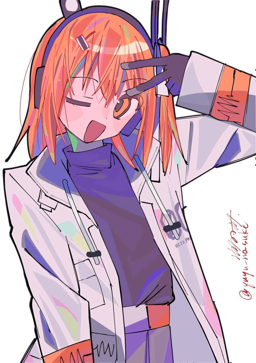 1girl :d a.i._voice adachi_rei belt black_gloves blush_stickers gloves grey_skirt hair_ornament hair_ribbon hairclip headlamp headset highres jacket looking_at_viewer medium_hair one_eye_closed one_side_up open_clothes open_jacket open_mouth orange_belt orange_eyes orange_hair radio_antenna ribbon signature simple_background skirt smile solo_focus sound_wave turtleneck upper_body utau v v_over_eye white_background white_jacket yuyu_no_suke