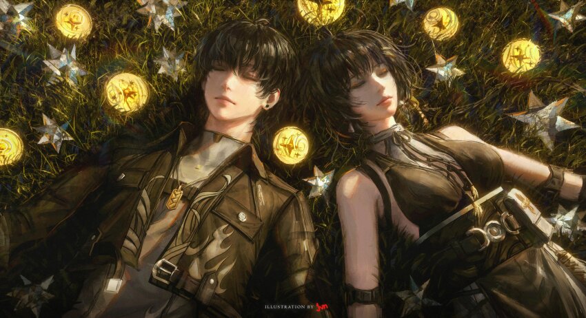 1boy 1girl absurdres artist_name bare_shoulders black_hair black_jacket breasts closed_eyes closed_mouth collared_jacket commentary dual_persona earrings english_commentary female_rover_(wuthering_waves) grey_shirt highres jacket jewelry jvn large_breasts lying male_rover_(wuthering_waves) on_back on_grass open_clothes open_jacket rover_(wuthering_waves) shirt short_hair title triangle_earrings wuthering_waves