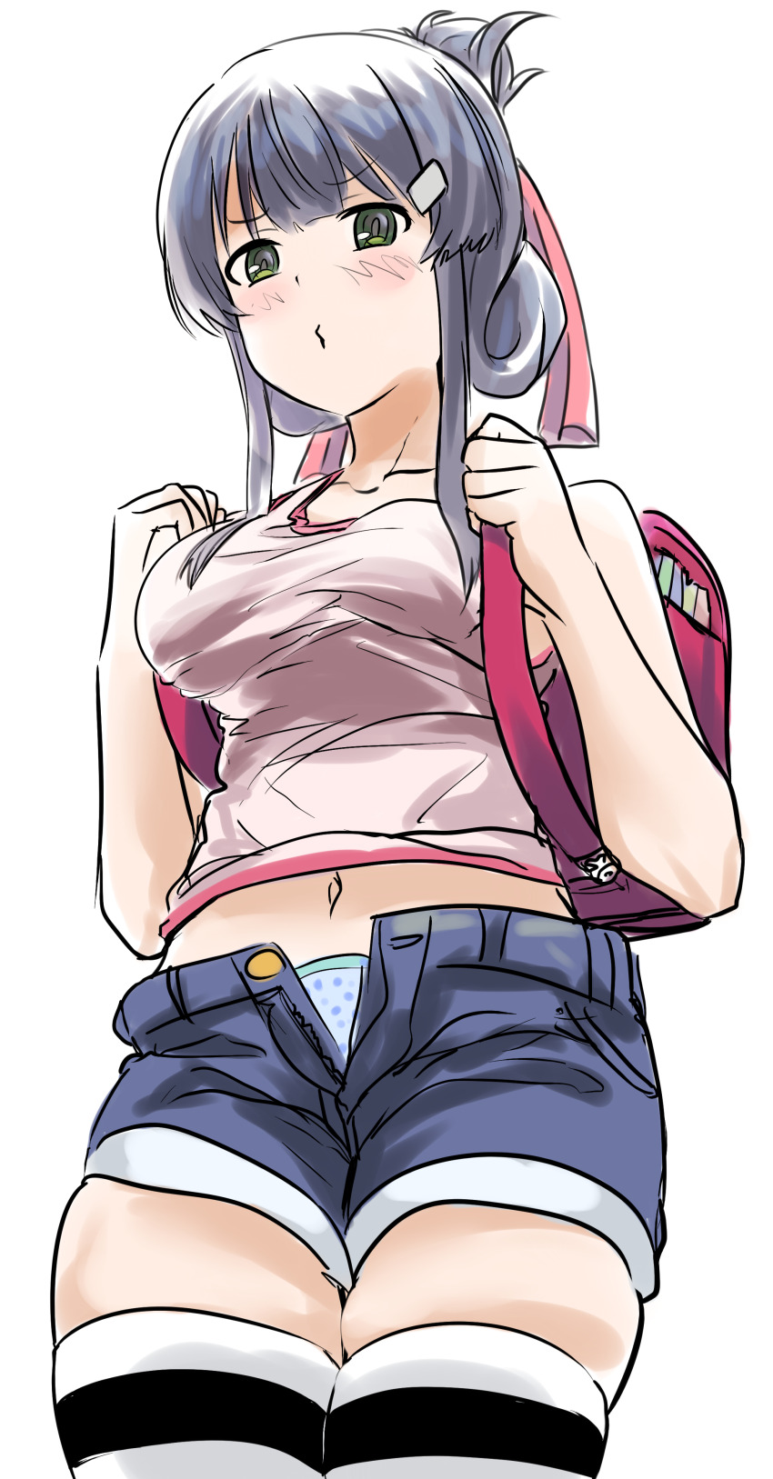 1girl absurdres backpack bag blue_panties blue_shorts blush breasts collarbone commentary_request cowboy_shot folded_ponytail green_eyes highres large_breasts looking_at_viewer mashitono_desu midriff navel panties polka_dot polka_dot_panties pout purple_hair raised_eyebrows randoseru red_bag shirt short_shorts shorts sidelocks simple_background sketch sleeveless sleeveless_shirt solo standing thighhighs toji_no_miko underwear white_background white_shirt white_thighhighs yanase_mai zettai_ryouiki