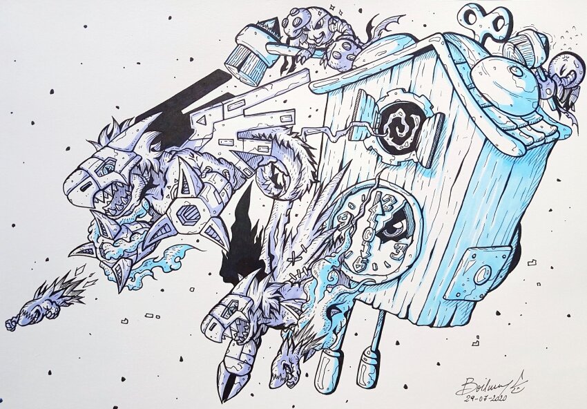 clock cyborg digimon digimon_(creature) dragon gigadramon hammer highres mamemon megadramon missile sharp_teeth teeth