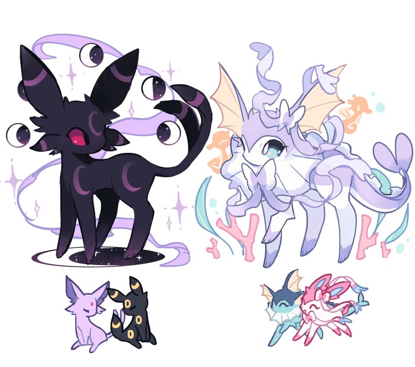 animal_focus bad_id bad_twitter_id charamells coral crescent_moon espeon fins full_moon fusion gen_1_pokemon gen_2_pokemon gen_6_pokemon highres horsea moon moon_phases nintendo no_humans pokemon pokemon_(creature) simple_background sparkle star_(sky) sylveon umbreon vaporeon white_background
