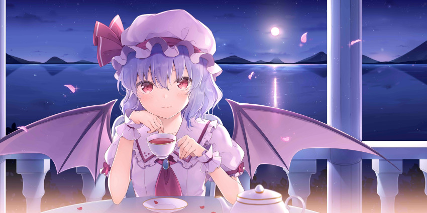 1girl 6u_(eternal_land) ascot balcony bat_wings blue_brooch brooch chair collared_shirt commentary cup english_commentary falling_petals fang full_moon game_cg hair_between_eyes hat hat_ribbon highres holding holding_cup horizon jewelry light_blush looking_at_viewer mob_cap moon moonlight night night_sky ocean official_art outdoors petals pink_hat pink_shirt puffy_short_sleeves puffy_sleeves purple_hair red_ascot red_eyes remilia_scarlet ribbon scenery shirt short_hair short_sleeves sitting skin_fang sky smile solo star_(sky) starry_sky table tea teacup teapot third-party_source touhou touhou_lostword tray water wings