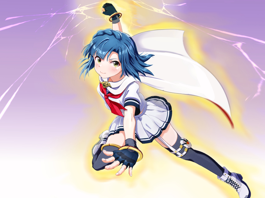 1girl amulet aura black_gloves black_thighhighs blue_hair boots braid breasts cloak closed_mouth crop_top dynamic_pose fighting_stance fingerless_gloves garter_straps gloves highres idol_heroes_(idolmaster) idolmaster idolmaster_million_live! large_breasts medium_hair mighty_sailor miniskirt nanao_yuriko neckerchief pleated_skirt red_neckerchief school_uniform seibunchou_(kxvs8474) serafuku shirt simple_background single_garter_strap skirt solo thighhighs white_cloak white_shirt white_skirt yellow_eyes