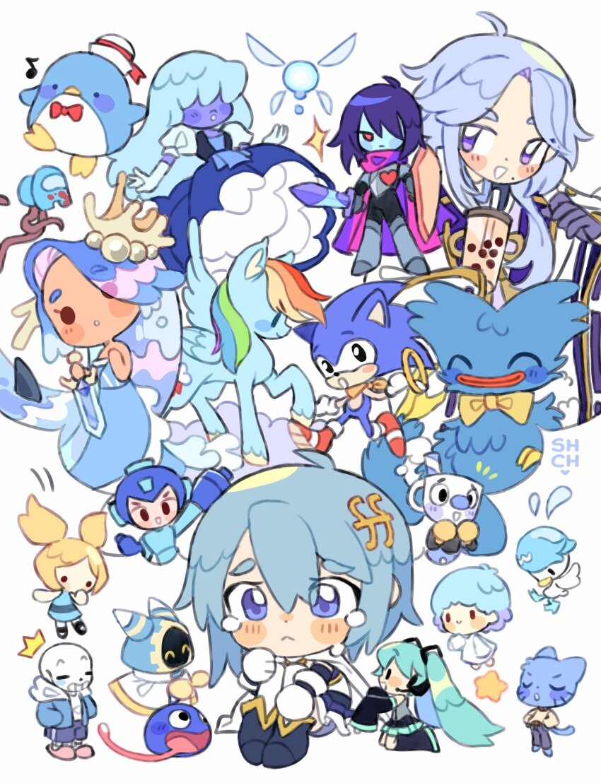 2others 5girls 6+boys among_us aqua_hair bird blue_(among_us) blue_hair blue_skin bubbles_(ppg) cat_boy chibi color_connection colored_skin commentary cookie_run crossover cuphead_(game) deltarune duck english_commentary everyone furry furry_male genshin_impact gooey_(kirby) gumball_watterson hatsune_miku highres huggy_wuggy impostor_(among_us) kamisato_ayato kiki_(little_twin_stars) kirby_(series) kris_(deltarune) little_twin_stars long_hair magical_girl magolor mahou_shoujo_madoka_magica mahou_shoujo_madoka_magica_(anime) mahou_shoujo_madoka_magica_movie_1_&amp;_2 mega_man_(character) mega_man_(series) miki_sayaka miki_sayaka_(magical_girl) mini_person miniboy minigirl monster_boy mugman multiple_boys multiple_crossover multiple_girls multiple_others my_little_pony my_little_pony:_friendship_is_magic navi nintendo pegasus pokemon pokemon_(creature) pony_(animal) poppy_playtime powerpuff_girls quaxly rainbow_dash sanrio sans_(undertale) sapphire_(steven_universe) sea_fairy_cookie sharpycharot short_hair simple_background skeleton sonic_(series) sonic_the_hedgehog steven_universe the_amazing_world_of_gumball the_legend_of_zelda tuxedo_sam twintails undertale very_long_hair vocaloid white_background