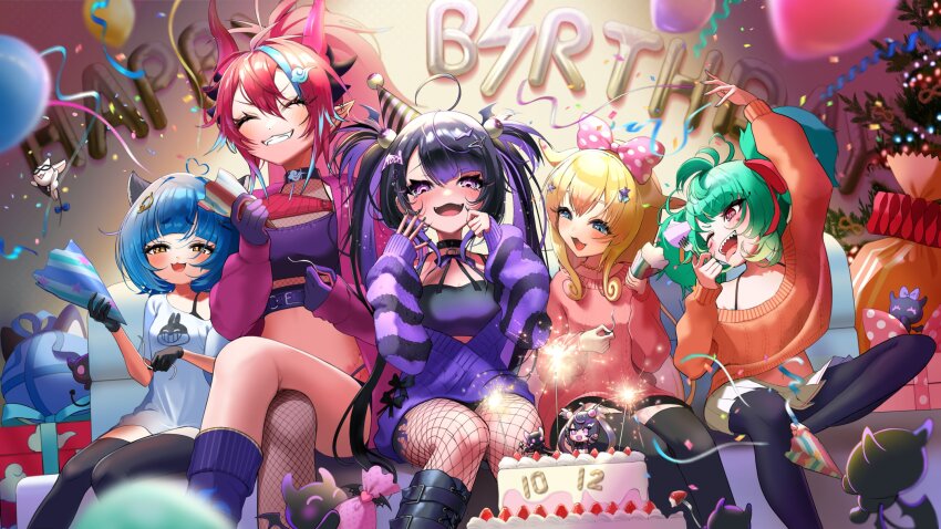 5girls ahoge arm_up balloon birthday_cake black_footwear black_gloves black_hair black_nails black_pantyhose black_sleeves black_socks black_thighhighs blonde_hair blue_eyes blue_hair boots bow box cake closed_eyes commission confetti coni_confetti crossed_legs dragon_girl dragon_horns eye_hair_ornament fangs fishnet_pantyhose fishnets food fork fruit gift gift_box gloves green_hair hair_bow hair_ornament happy_birthday hat heart heart_ahoge highres holding holding_fork horns chromashift jacket jewelry kai_saikota long_sleeves momo_otako multicolored_hair multiple_girls necklace one_eye_closed open_mouth orange_sweater pantyhose party_hat party_popper pink_bow pink_hair pink_jacket pink_sweater pleated_skirt pointy_ears poko_rakun polka_dot polka_dot_bow ponytail purple_eyes purple_gloves purple_hair purple_sleeves red_bow ribbed_sweater roca_rourin_(vtuber) second-party_source sharp_teeth single_fishnet_legwear skirt sleeves_past_wrists socks star_(symbol) star_hair_ornament strawberry streaked_hair streamers striped_sleeves sweater teeth tentacle_hair thighhighs tongue tongue_out twintails virtual_youtuber white_skirt yellow_eyes yuarima2