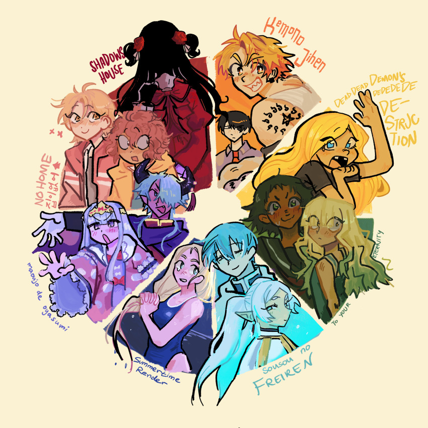 6+boys 6+girls akagi_kazuaki aurora_sya_lis_kaymin baek_eunyung black_horns blonde_hair blue_eyes blue_one-piece_swimsuit brown_hair color_wheel_challenge commentary copyright_name crossdressing dead_dead_demons_de_dedede_destruction demon_king_tasogare dress elf english_commentary fumetsu_no_anata_e gloves hair_over_one_eye hanagata_kaede highres himmel_(sousou_no_frieren) horns kate_(shadows_house) kemono_jihen kim_marie kofune_ushio long_hair maou-jou_de_oyasumi mileggingss multiple_boys multiple_drawing_challenge multiple_girls no_home_(manhwa) one-piece_swimsuit one_eye_closed pointy_ears red_dress shadows_house sharp_teeth shoulder_tattoo smile sousou_no_frieren summertime_render swimsuit tainuma_makoto tattoo teeth two_side_up wet wet_hair white_gloves white_hair wide_sleeves