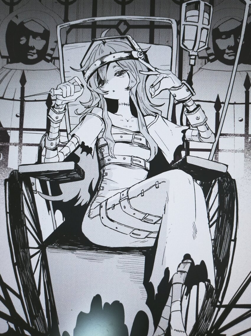 1girl ahoge bandaged_arm bandages bare_shoulders belt belt_buckle buckle chest_belt chisel collarbone cowboy_shot dress eyelashes fence galatea_(identity_v) greyscale half-closed_eyes highres holding holding_chisel holding_rock identity_v intravenous_drip long_dress long_hair looking_at_viewer mask monochrome multiple_belts off-shoulder_dress off_shoulder on_chair parted_lips red_hod rock shadow short_sleeves sidelocks sitting solo statue stitched_neck stitches torn_clothes torn_sleeves triangle_mouth wheelchair wrist_cuffs