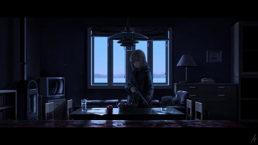 1girl absurdres apple black_coat blood blood_splatter book bookshelf brown_hair cabinet chair closed_mouth coat commentary corded_phone coughing cup drinking_glass food fruit fruit_bowl gun highres holding holding_gun holding_weapon indoors lamp letterboxed living_room looking_at_viewer original phone rudeko32 scenery shelf solo symbol-only_commentary table television watermark weapon weapon_request window