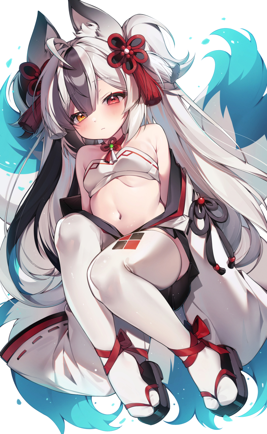1girl absurdres ahoge animal_ear_fluff animal_ears bandeau bare_shoulders black_hair black_skirt blush breasts commission fox_ears fox_tail heterochromia highres japanese_clothes kimono legs long_hair long_sleeves miniskirt multicolored_hair multiple_tails navel off_shoulder okobo open_clothes open_kimono original platform_sandals sandals sen_light sitting skirt sleeves_past_wrists small_breasts solo stomach tabi tail thighhighs thighs twintails two-tone_hair white_hair white_kimono white_thighhighs