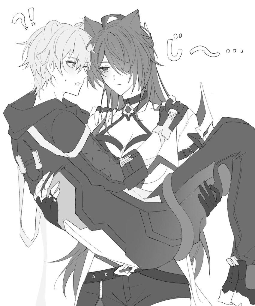 1boy 1girl acheron_(honkai:_star_rail) ahoge animal_ears armor belt black_belt black_choker black_gloves black_jacket black_pants black_shorts breasts caelus_(honkai:_star_rail) cat_ears choker cleavage coat coattails collarbone commentary_request cowboy_shot criss-cross_halter crop_top gloves hair_over_one_eye halterneck highres honkai:_star_rail honkai_(series) jacket large_breasts light_blush long_hair looking_at_another monochrome pants poi_po12 reverse_princess_carry shorts shoulder_armor single_bare_shoulder thighs trailblazer_(honkai:_star_rail) translated white_coat