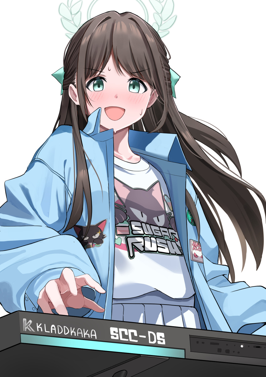 1girl absurdres airi_(band)_(blue_archive) airi_(blue_archive) animal_print blue_archive blue_jacket blush bow brown_hair cat_print green_bow green_eyes hair_bow highres instrument jacket keyboard_(instrument) long_hair looking_at_viewer music official_alternate_costume olecafe2 open_mouth parted_bangs playing_instrument shirt sidelocks skirt solo sweat upper_body white_shirt white_skirt