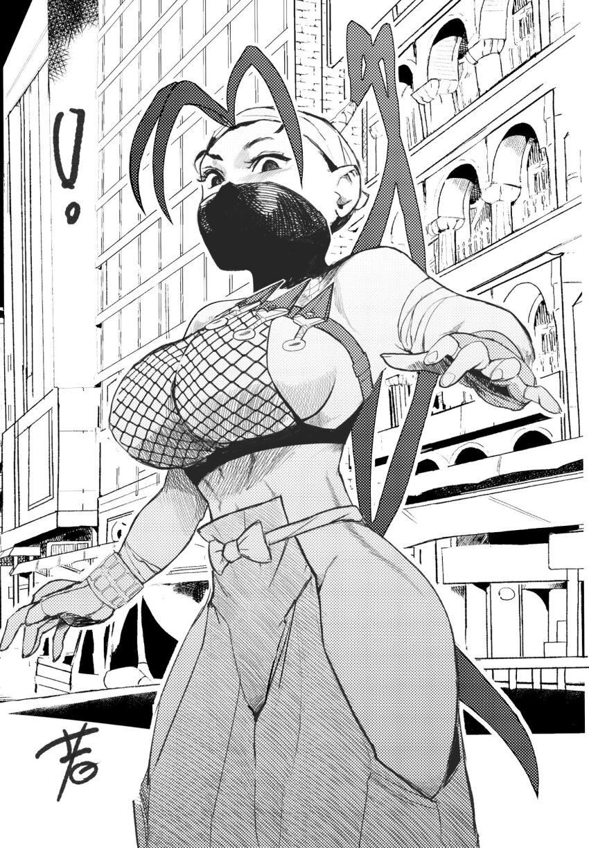 1girl antenna_hair breasts fingerless_gloves fishnet_top fishnets from_below gloves highres hip_vent hiroshi_mono ibuki_(street_fighter) kunai large_breasts long_hair looking_at_viewer mask monochrome ninja ponytail solo street_fighter street_fighter_iii_(series) street_fighter_iv_(series) street_fighter_v weapon