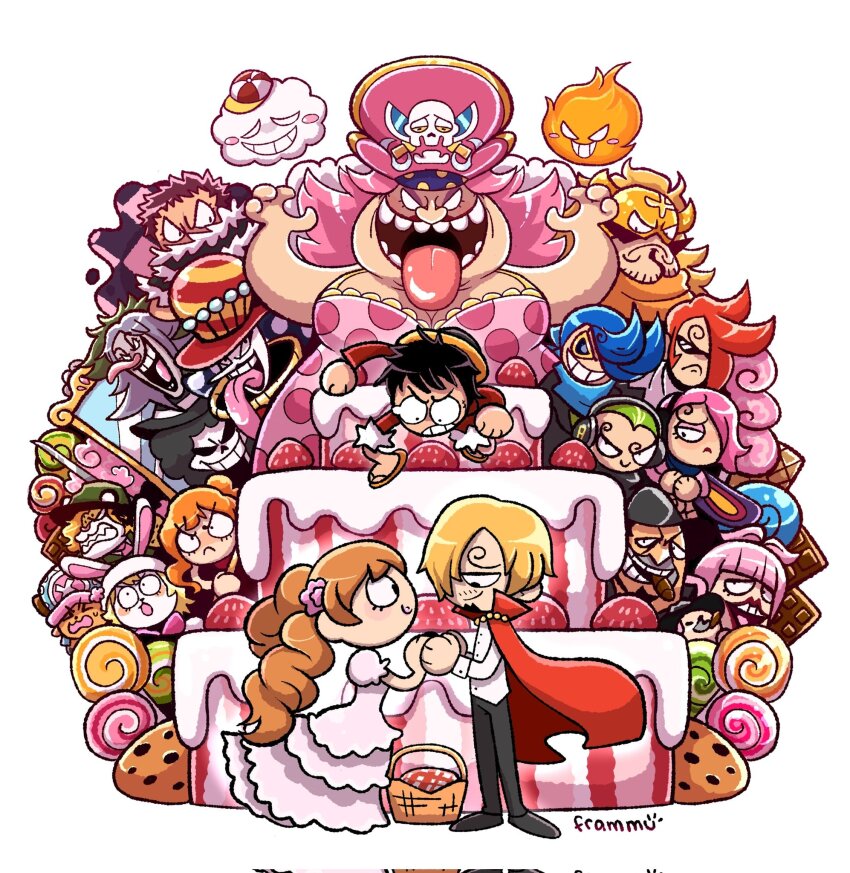 6+boys 6+girls artist_name blonde_hair brook_(one_piece) brother_and_sister brothers brown_hair cake candy cape capone_gang_bege carrot_(one_piece) charlotte_brulee charlotte_katakuri charlotte_linlin charlotte_perospero charlotte_pudding cigar corrupted_twitter_file dress father_and_daughter father_and_son food frammu highres lollipop long_hair monkey_d._luffy mother_and_daughter mother_and_son multiple_boys multiple_girls nami_(one_piece) nami_(one_piece)_(whole_cake_island) one_piece open_mouth pedro_(one_piece) pink_hair prometheus_(one_piece) rabbit_girl red_cape sanji_(one_piece) short_hair siblings sweets teeth tongue tongue_out tony_tony_chopper toon_(style) vinsmoke_ichiji vinsmoke_judge vinsmoke_niji vinsmoke_reiju vinsmoke_yonji wedding_dress zeus_(one_piece)