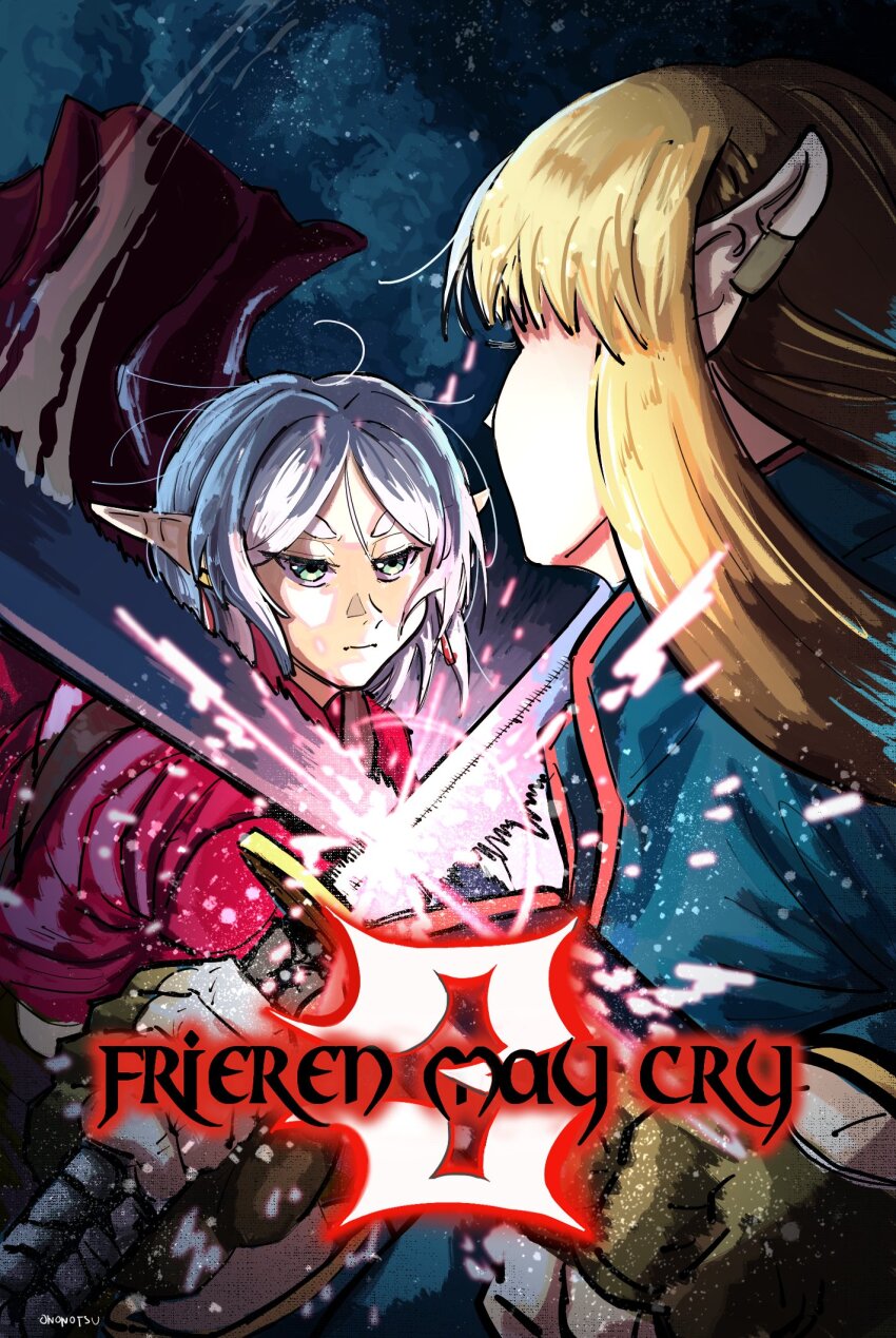 2girls alternate_costume artist_name blue_coat character_name closed_mouth coat commentary copyright_name cover devil_may_cry devil_may_cry_(series) devil_may_cry_3 elf english_commentary fake_cover frieren green_eyes highres holding holding_sword holding_weapon long_hair looking_at_another loose_hair_strand multiple_girls ononotsu pointy_ears red_coat serie_(sousou_no_frieren) sousou_no_frieren sword thick_eyebrows twitter_username v-shaped_eyebrows video_game_cover weapon white_hair