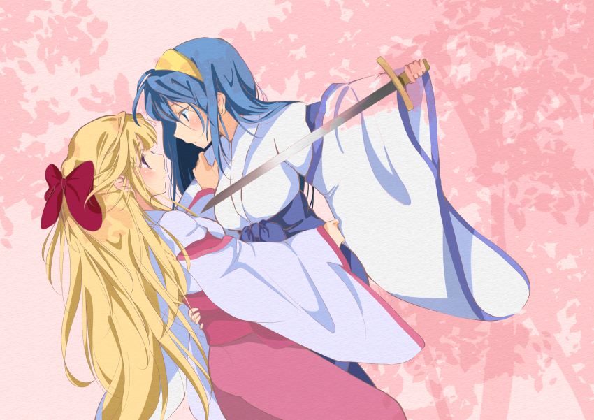 2girls absurdres artist_request blonde_hair blue_eyes blue_hair bow commentary_request floral_background hair_bow hairband highres himemiya_chikane holding holding_sword holding_weapon japanese_clothes kannazuki_no_miko kurusugawa_himeko long_hair miko multiple_girls purple_eyes red_bow sword weapon yellow_hairband yuri
