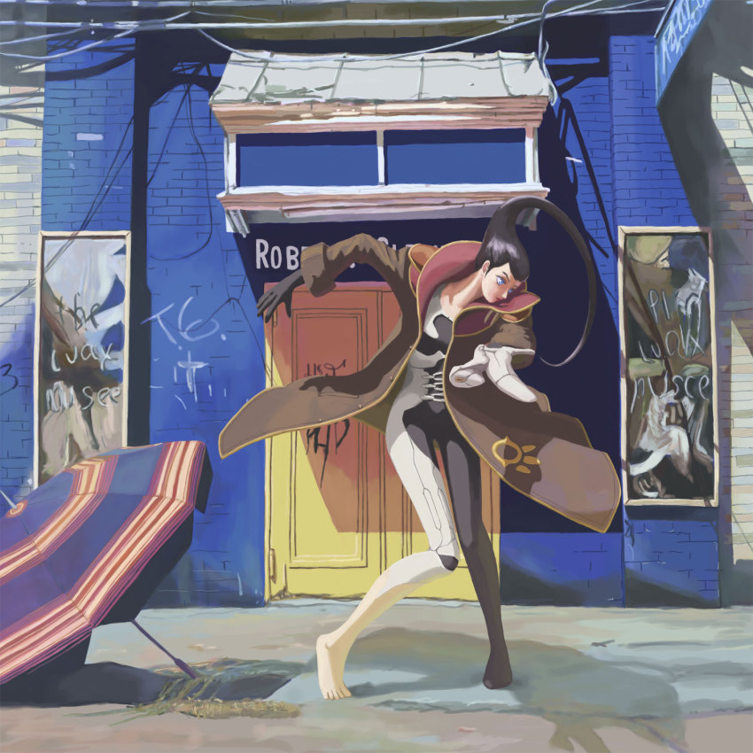 1girl azel_(panzer_dragoon) building coat highres panzer_dragoon panzer_dragoon_saga tama_(tama-s) umbrella