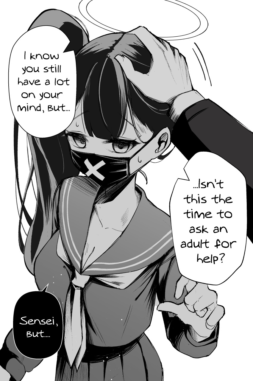 1boy 1girl absurdres blue_archive clover_dot_(clov_erd) commentary covered_mouth delinquent english_commentary english_text greyscale halo headpat highres long_hair long_sleeves looking_at_viewer mask monochrome mouth_mask neckerchief sailor_collar sensei_(blue_archive) shirt side_ponytail simple_background skirt solo_focus speech_bubble sukeban sukeban_(smg)_(blue_archive) surgical_mask white_background