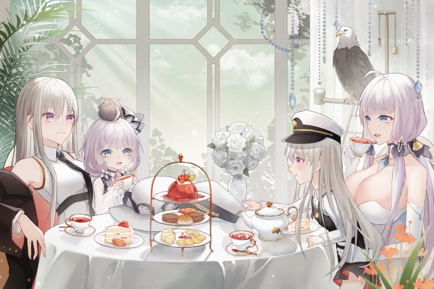 4girls absurdres aged_down azur_lane baby_animal bald_eagle bird black_coat black_necktie blue_eyes breasts cake chair chick cleavage coat coat_dress collared_shirt cookie cup dress dual_persona eagle elbow_gloves enterprise_(azur_lane) female_focus flower food gloves grim_(azur_lane) hair_ribbon hat highres holding holding_cup holding_tray huge_breasts if_they_mated illustrious_(azur_lane) lace-trimmed_headwear lace_trim little_enterprise_(azur_lane) little_illustrious_(azur_lane) low_twintails medium_breasts military_hat mole mole_under_eye multiple_girls necktie open_clothes open_coat overall_skirt peaked_cap purple_eyes ribbon royal_navy saucer see-through_clothes see-through_sleeves shirt sitting sleeveless sleeveless_shirt strapless strapless_dress sun_hat table tea teacup teapot tray tress_ribbon tri_tails twintails underbust vase white_dress white_gloves white_headwear white_shirt wife_and_wife window xiaoli_(1507) yuri