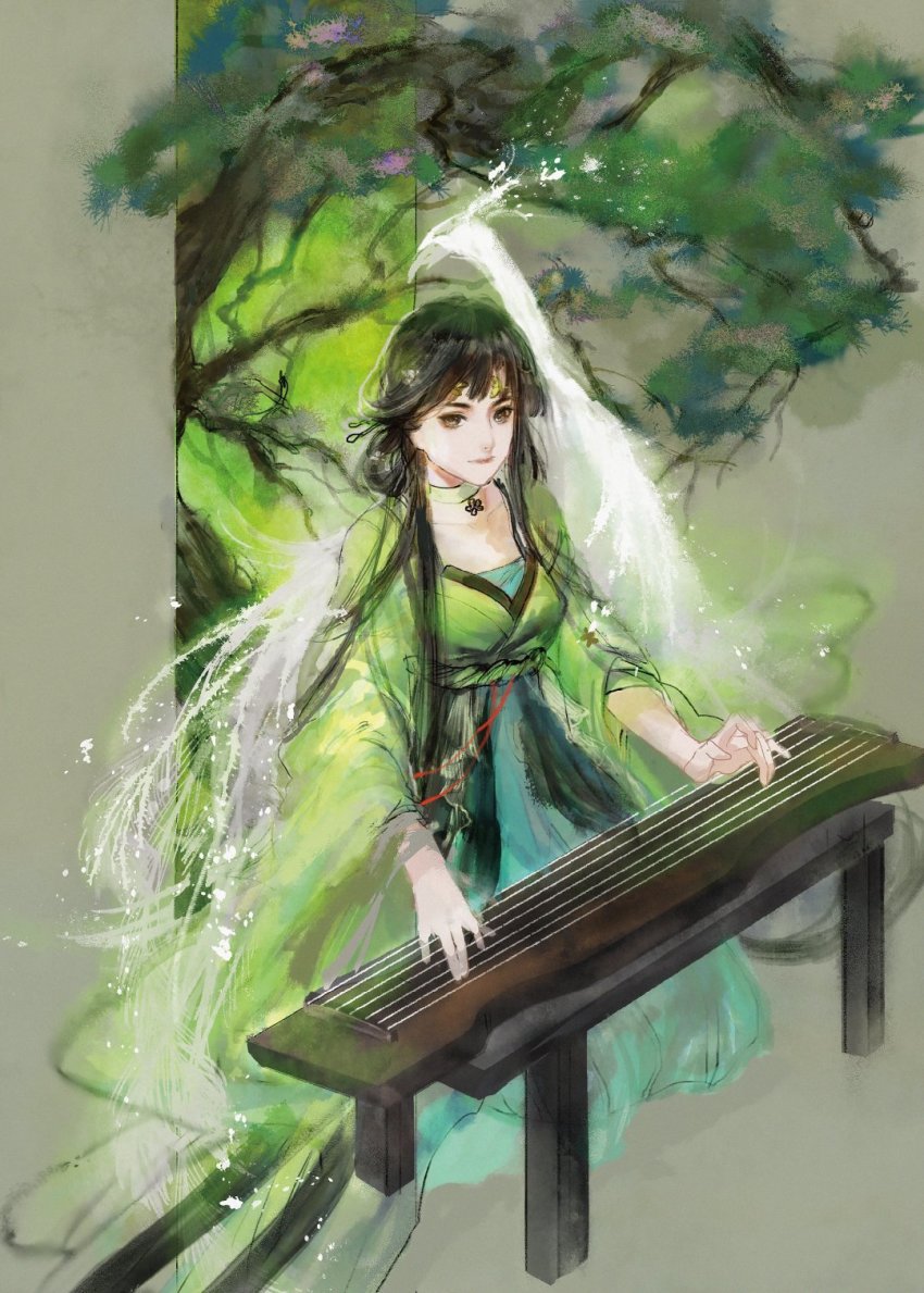 1girl bi_yao_(zhu_xian) bi_yao_zhuye bird brown_hair choker dress full_body green_dress guzheng hair_ornament hairpin highres instrument music playing_instrument sash sitting solo tree zhu_xian