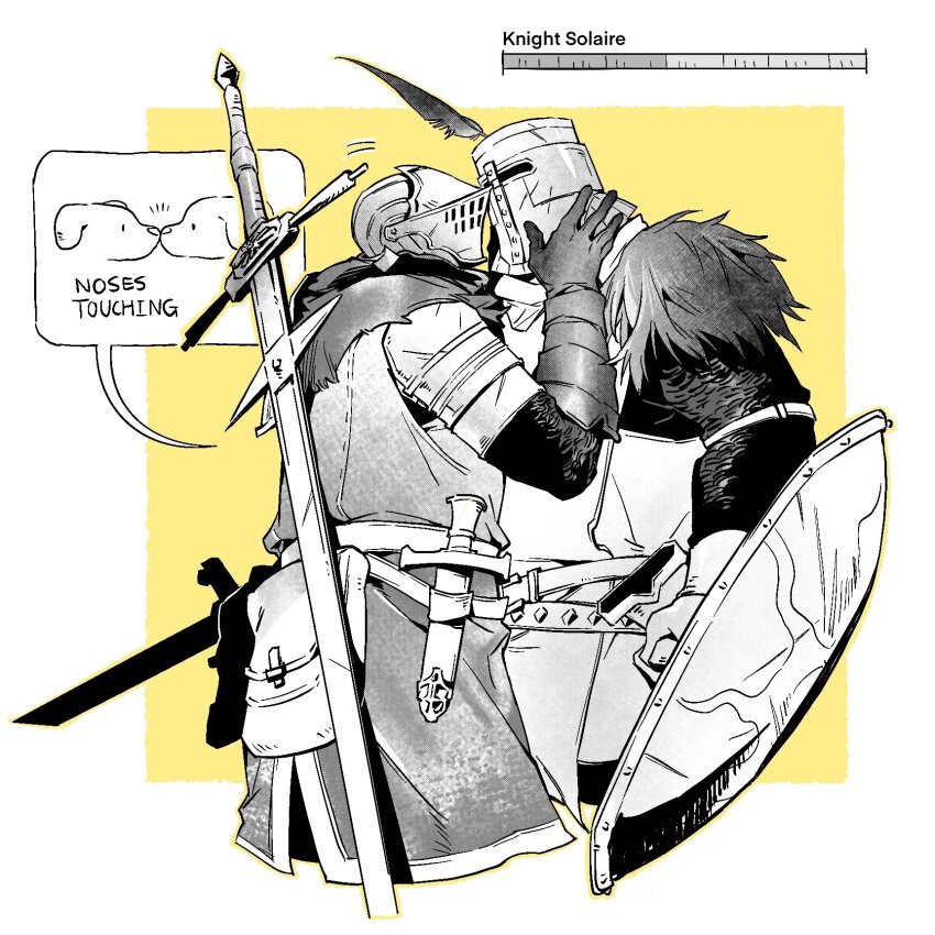 2boys armor belt chosen_undead commentary cropped_legs dagger dark_souls_(series) dark_souls_i english_commentary english_text gauntlets greyscale_with_colored_background hand_on_another&#039;s_face helm helmet highres holding holding_shield holstered image_in_speech_bubble knife knight male_focus mcs_137 multiple_belts multiple_boys noses_touching plume pouch shield solaire_of_astora speech_bubble sword tabard weapon weapon_on_back yaoi