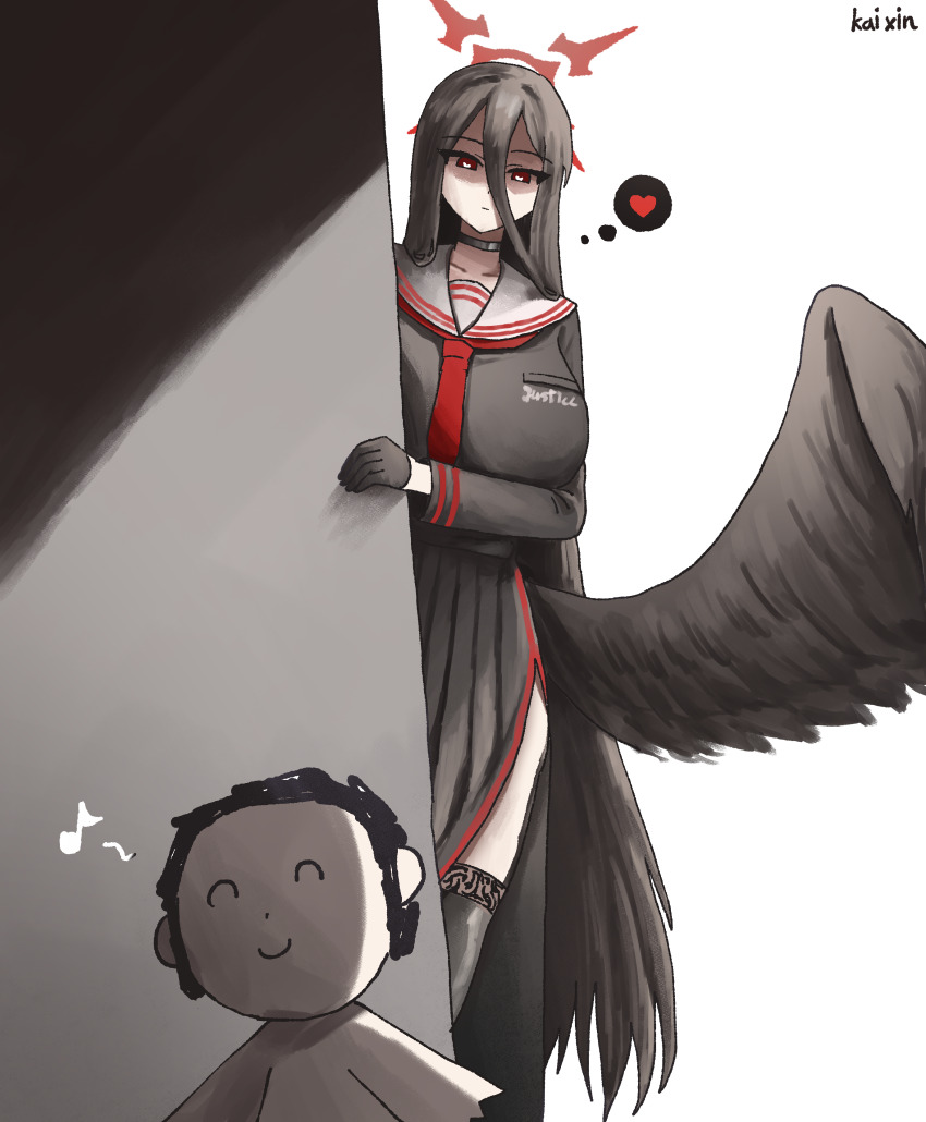1boy 1girl absurdres artist_name black_choker black_gloves black_hair black_serafuku black_shirt black_skirt black_wings blue_archive breasts choker collarbone doodle_sensei_(blue_archive) eighth_note feathered_wings gloves hair_between_eyes halo hasumi_(blue_archive) highres huge_breasts kai_xin long_hair long_sleeves low_wings musical_note neckerchief peeking_out pleated_skirt red_eyes red_halo red_neckerchief school_uniform sensei_(blue_archive) serafuku shirt skirt smile very_long_hair wings