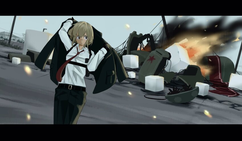 1girl aircraft black_jacket black_pants blonde_hair closed_mouth collared_shirt crossdraw_holster cube dressing embers fire helicopter highres holster jacket lamppost letterboxed looking_at_viewer military_vehicle necktie original outdoors pants pocket power_lines red_necktie scenery serious shirt shirt_tucked_in smoke solo star_(symbol) walking white_shirt wind wing_collar wreckage yoshiryuu