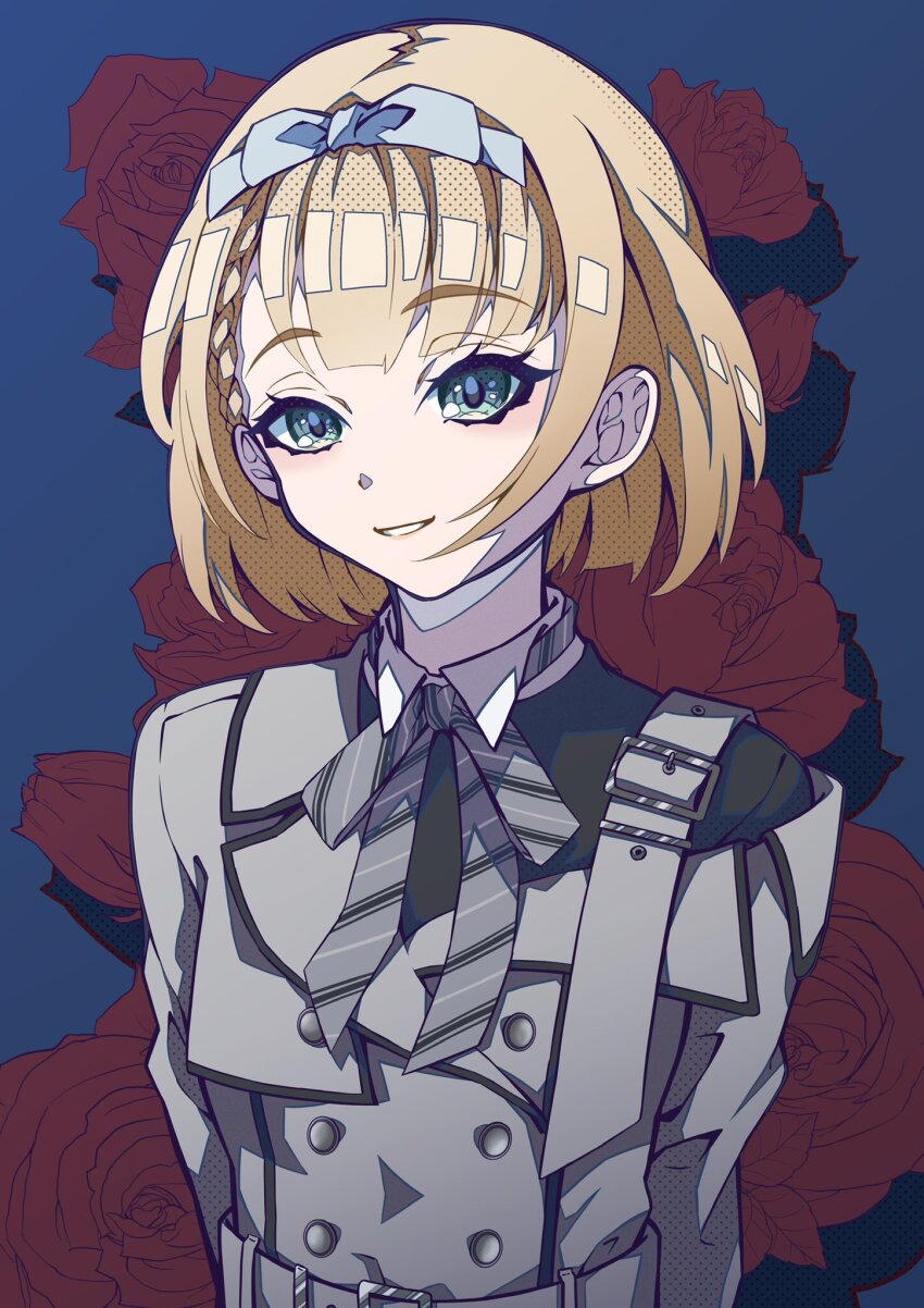 1girl 22/7 arms_behind_back asymmetrical_bangs belt belt_buckle blonde_hair blue_bow blue_hairband bob_cut bow bow_hairband bowtie buckle diagonal-striped_bow diagonal-striped_bowtie diagonal-striped_clothes dress floral_background flower green_eyes grey_belt grey_dress hair_bow hairband highres inverted_bob kamisama_datte_kimerarenai lionmaru0808 long_sleeves looking_at_viewer parted_lips red_flower red_rose rose saito_nicole short_hair smile solo striped_clothes upper_body