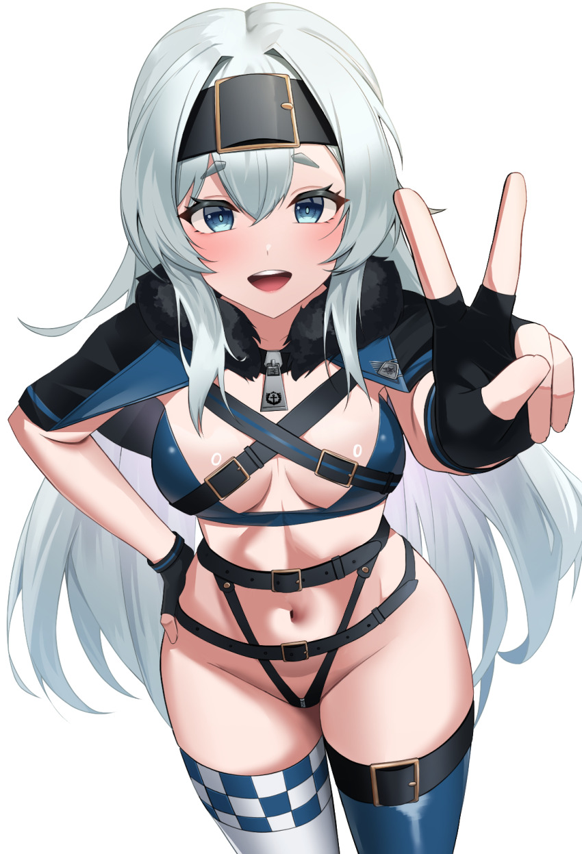 1girl :d asymmetrical_legwear azur_lane belt bikini black_belt black_bikini black_gloves blue_bikini blue_capelet blue_eyes blue_thighhighs bon_homme_richard_(azur_lane) borrowed_design breasts capelet cleavage commentary commission cowboy_shot fingerless_gloves fur-trimmed_capelet fur_trim gloves grey_hair groin hair_belt hair_between_eyes hand_on_own_hip highleg highleg_bikini highres long_hair looking_at_viewer medium_breasts mismatched_legwear navel open_mouth pixiv_commission race_queen revealing_clothes sidelocks simple_background skindentation smile solo standing stomach swimsuit teeth thick_eyebrows thighhighs upper_teeth_only v very_long_hair white_background white_thighhighs wynnblue zipper_pull_tab