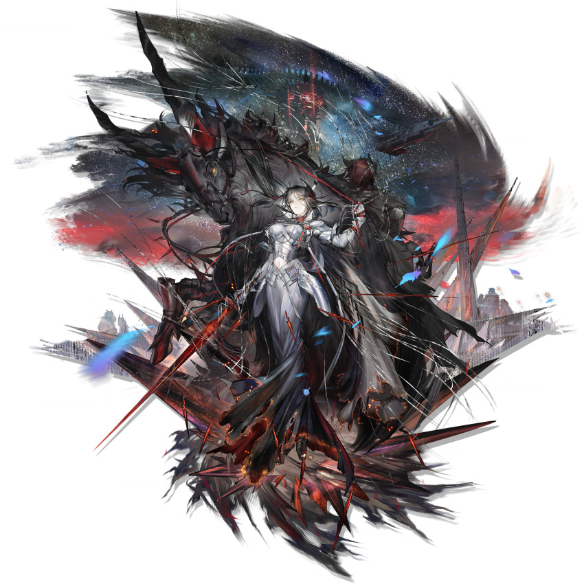 1girl absurdres animal_request arknights armor black_footwear black_hair check_animal clothing_cutout clothing_request dress eboda-x facing_viewer full_body game_cg goat highres holding holding_sword holding_weapon horns ines_(arknights) ines_(under_the_flaming_dome)_(arknights) long_hair long_sleeves navel navel_cutout non-web_source official_art solo stomach sword transparent_background weapon white_dress yellow_eyes