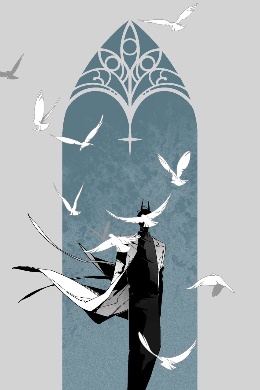 1boy benkdjjituibot bird black_hair black_skirt border coat covered_face cowboy_shot demon_horns dove floating_cape grey_border highres horns kim_dokja looking_at_viewer male_focus omniscient_reader&#039;s_viewpoint ornate_border short_hair skirt solo too_many too_many_birds white_coat