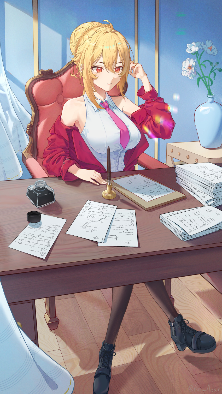 1girl absurdres angelica_rapha_redgrave black_shoes blonde_hair breasts brown_pantyhose closed_mouth collared_shirt commentary commission crossed_legs day english_commentary female_focus flower_pot hand_up highres indoors inkwell jacket jewelry large_breasts long_sleeves messy_hair necktie off_shoulder otome_game_sekai_wa_mob_ni_kibishii_sekai_desu pantyhose paper pen pink_necktie pixiv_commission re_aesir red_eyes red_jacket ring shirt shoes sitting sleeveless sleeveless_shirt solo table wedding_ring white_shirt
