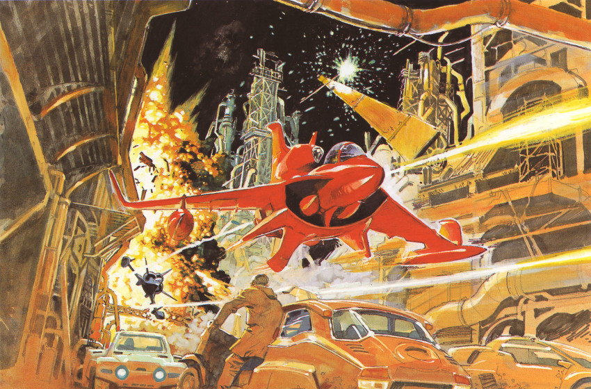 aerial_battle aircraft airplane aoki_uru battle car city dogfight explosion fighter_jet flying gainax highres military military_vehicle motor_vehicle night sadamoto_yoshiyuki scan traditional_media vehicle_focus