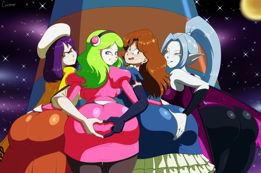 10s 4girls ass ass_focus back backboob black_legwear blouse blue_eyes blue_hair bracer breasts brianne_de_chateau brown_eyes brown_hair canime colored_skin deep_skin dragon_ball dragon_ball_super dress embarrassed from_side glasses grabbing_another&#039;s_ass green_hair groping hair_between_eyes hairband hands_on_ass high_ponytail huge_ass large_breasts leotard long_hair looking_back magical_girl multiple_girls narrow_waist pantyhose parted_bangs pointy_ears ponytail purple_hair raised_eyebrows ribrianne sanka_ku shawl shirt short_hair sideboob smile star_(sky) su_roas surprised universe_2_(dragon_ball) v-shaped_eyebrows vikal white_shirt wide-eyed wide_hips wings yellow_eyes yellow_shawl yuri