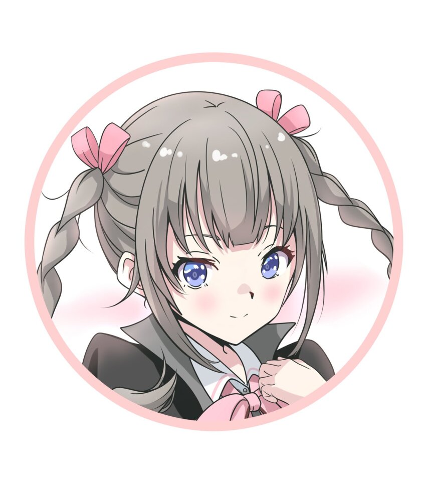 1girl assault_lily black_jacket blue_eyes blunt_bangs blush bow bowtie braid brown_hair closed_mouth collared_shirt commentary hair_ribbon hand_on_own_chest hand_up highres jacket kishimoto_lucia_raimu long_hair looking_at_viewer ludvico_private_girls&#039;_academy_school_uniform matsubokkurin227 pink_bow pink_bowtie pink_ribbon portrait ribbon round_image school_uniform shirt sidelocks simple_background smile solo twin_braids twintails white_background white_shirt
